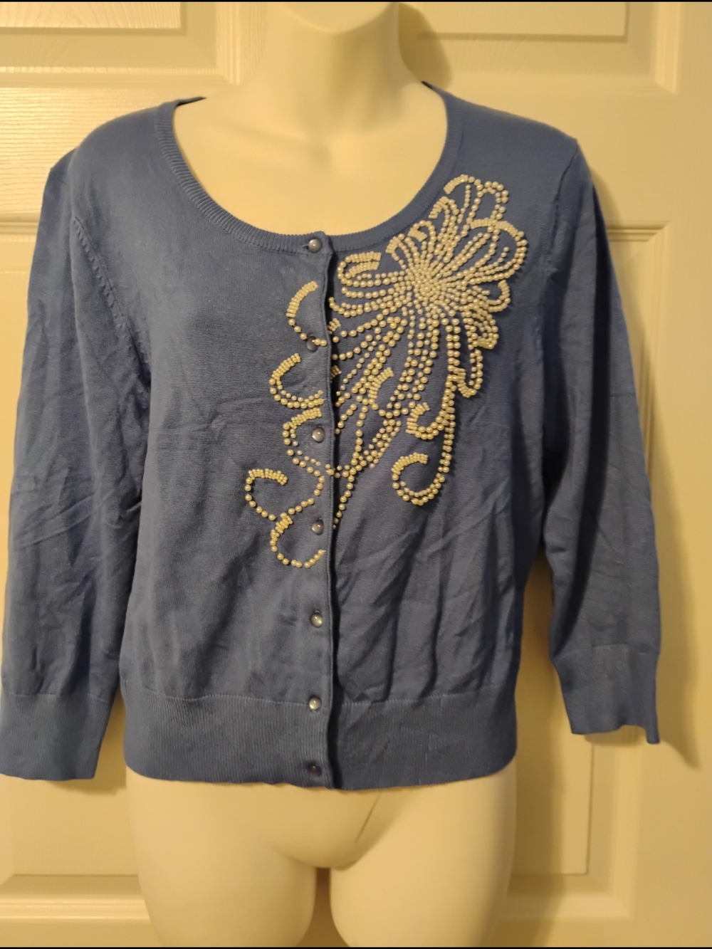 Cable & Gauge Light Blue Beaded Front-Button Cardigan